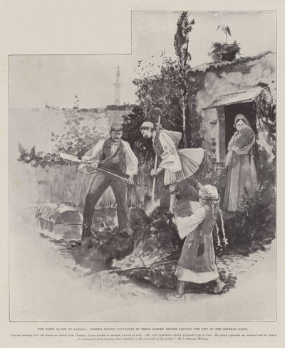 Az első riasztás Larisszában, a görögök értéktárgyakat rejtegetnek a kertjükben, mielőtt elhagyják a várost az általános pánikban. alkotó: Henry Charles Seppings Wright